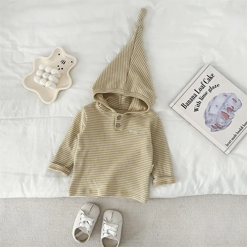 Baby Hooded T-Shirt Striped Grey White Long Sleeve