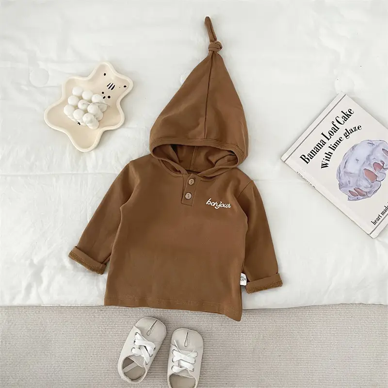Baby Hooded T-Shirt Striped Grey White Long Sleeve