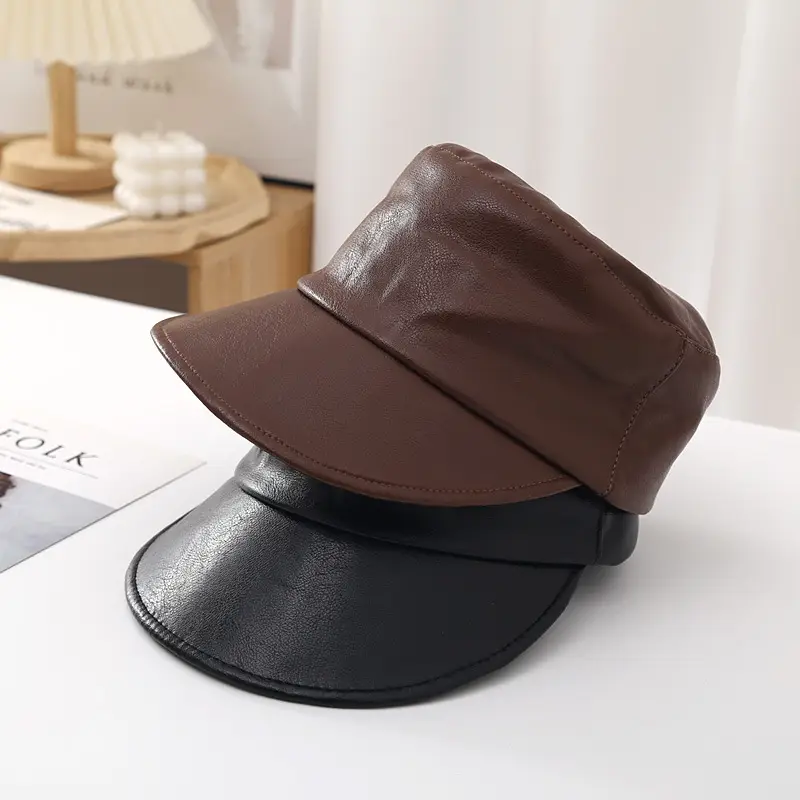 Women Winter PU Visor Hats Brown Black