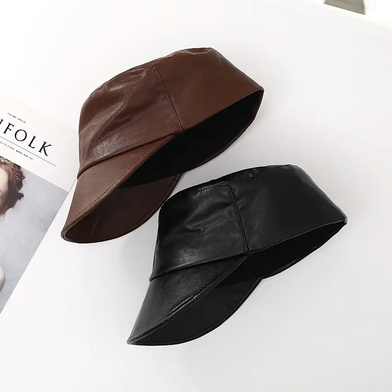 Women Winter PU Visor Hats Brown Black