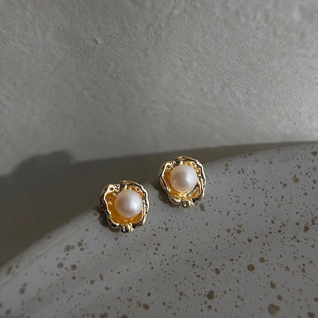 Natural Pearl Earrings Gold Plated Water Lily Design
