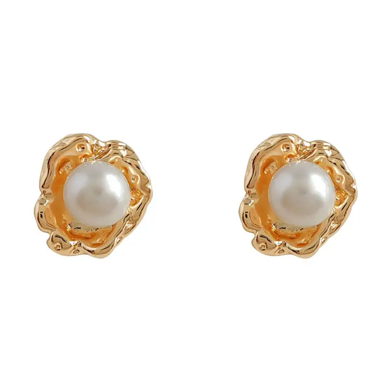 Natural Pearl Earrings Gold Plated Water Lily Design