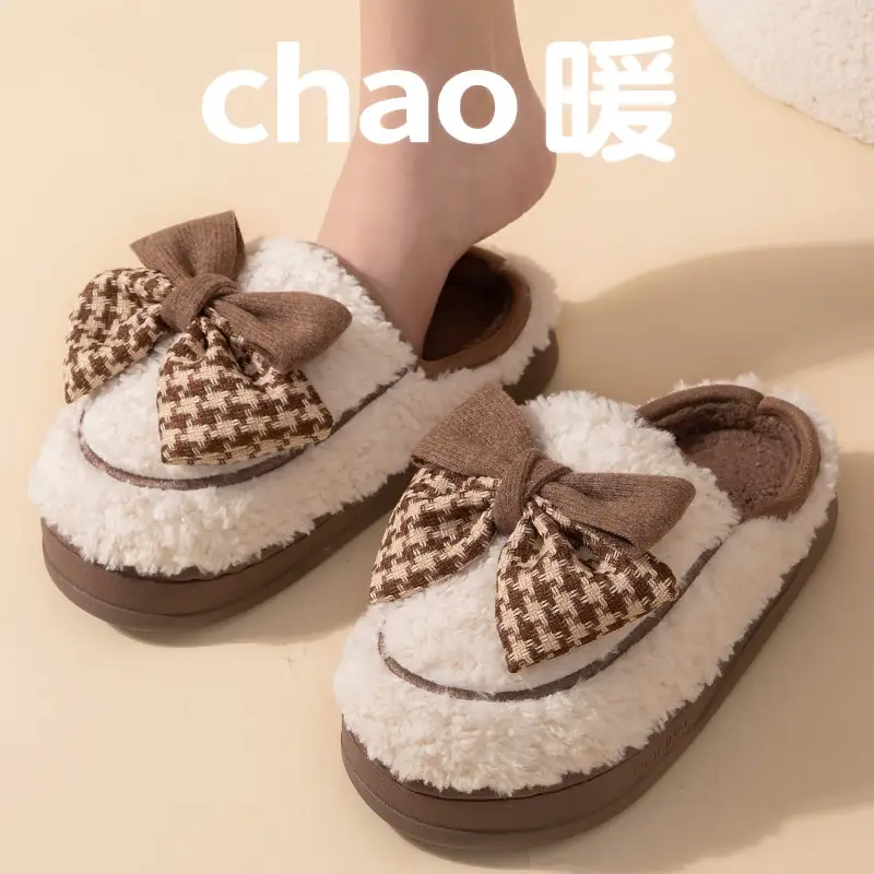 Bow Cotton Slippers for Women, Winter Indoor Home Thick-Soled Slippers, Warm and Cute Plush Household Cotton Slippers for Women - Image 4