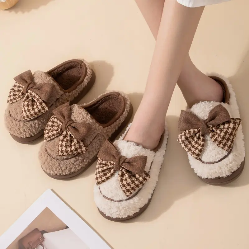 Bow Cotton Slippers for Women, Winter Indoor Home Thick-Soled Slippers, Warm and Cute Plush Household Cotton Slippers for Women - Image 5