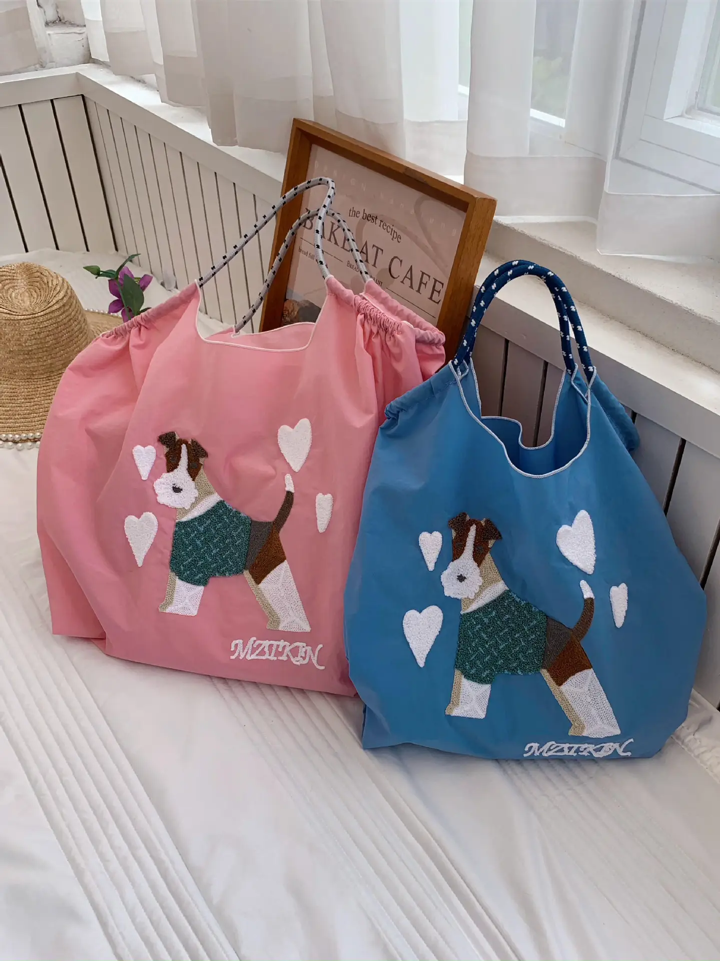 Embroidered Canvas Shopping Bag with Cute Dog Design