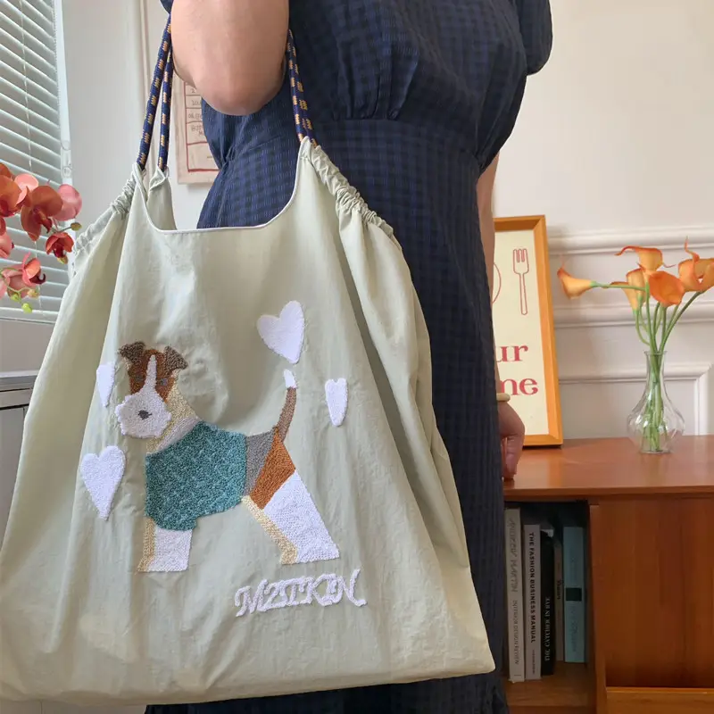 Embroidered Canvas Shopping Bag with Cute Dog Design