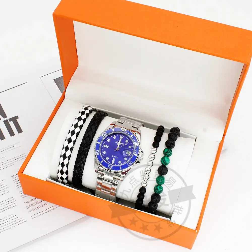 Men's Blue Dial Bracelet Watch Set with Green Beads