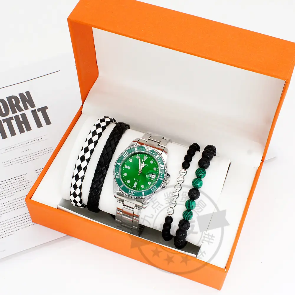 Men's Blue Dial Bracelet Watch Set with Green Beads — feature 10