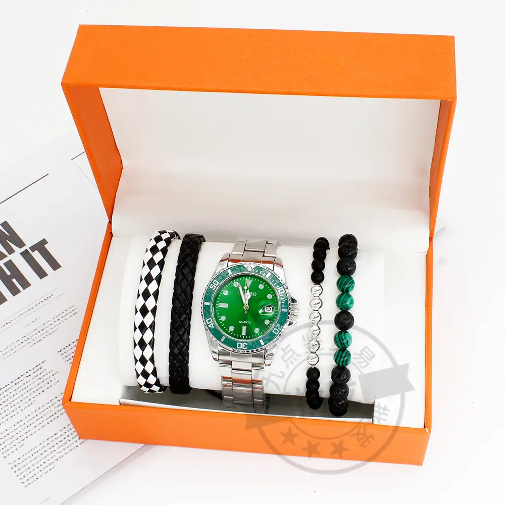 Men's Blue Dial Bracelet Watch Set with Green Beads — feature 7