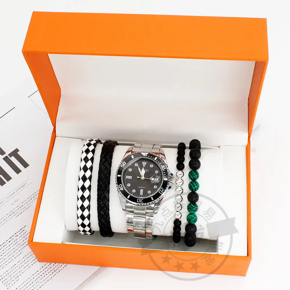 Men's Blue Dial Bracelet Watch Set with Green Beads — feature 8