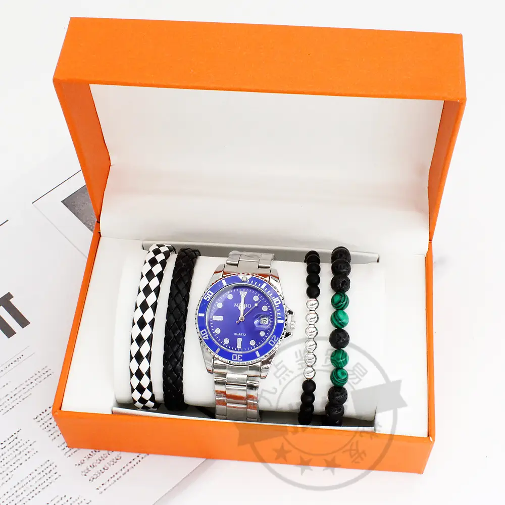 Men's Blue Dial Bracelet Watch Set with Green Beads — feature 9