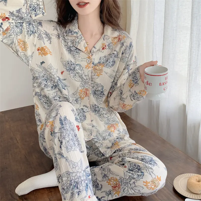 Autumn Winter Jacquard Cotton Pajamas Women Long Sleeve Trousers - Image 3