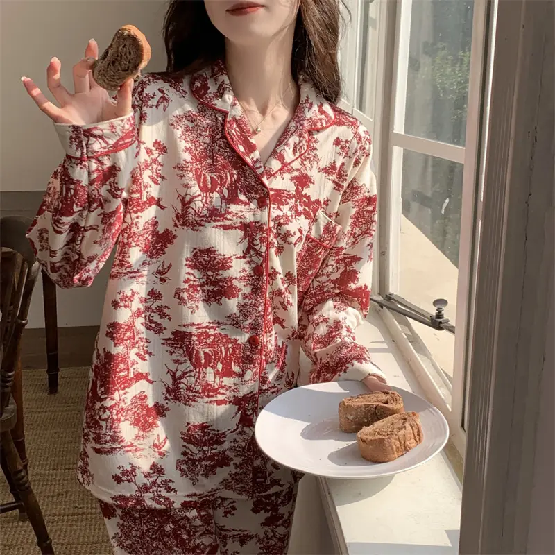 Autumn Winter Jacquard Cotton Pajamas Women Long Sleeve Trousers - Image 7