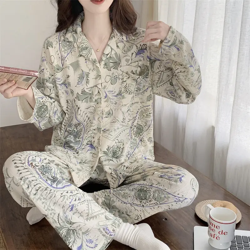 Autumn Winter Jacquard Cotton Pajamas Women Long Sleeve Trousers - Image 2