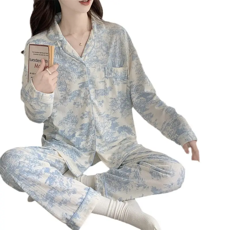 Autumn Winter Jacquard Cotton Pajamas Women Long Sleeve Trousers - Image 12