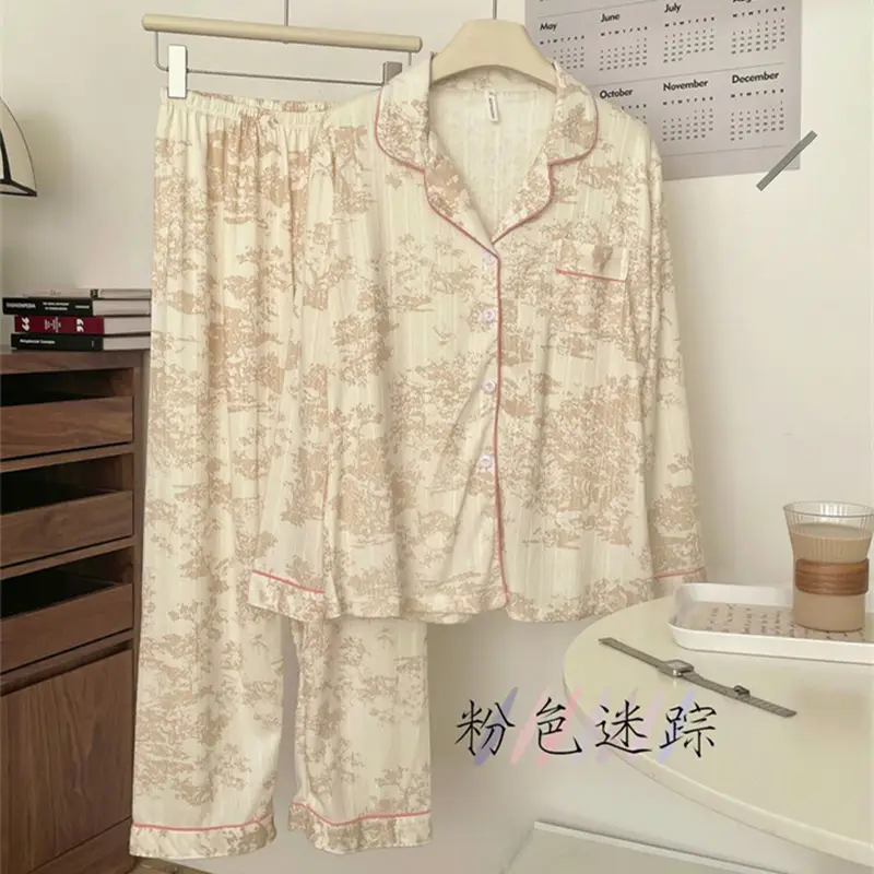 Autumn Winter Jacquard Cotton Pajamas Women Long Sleeve Trousers - Image 4