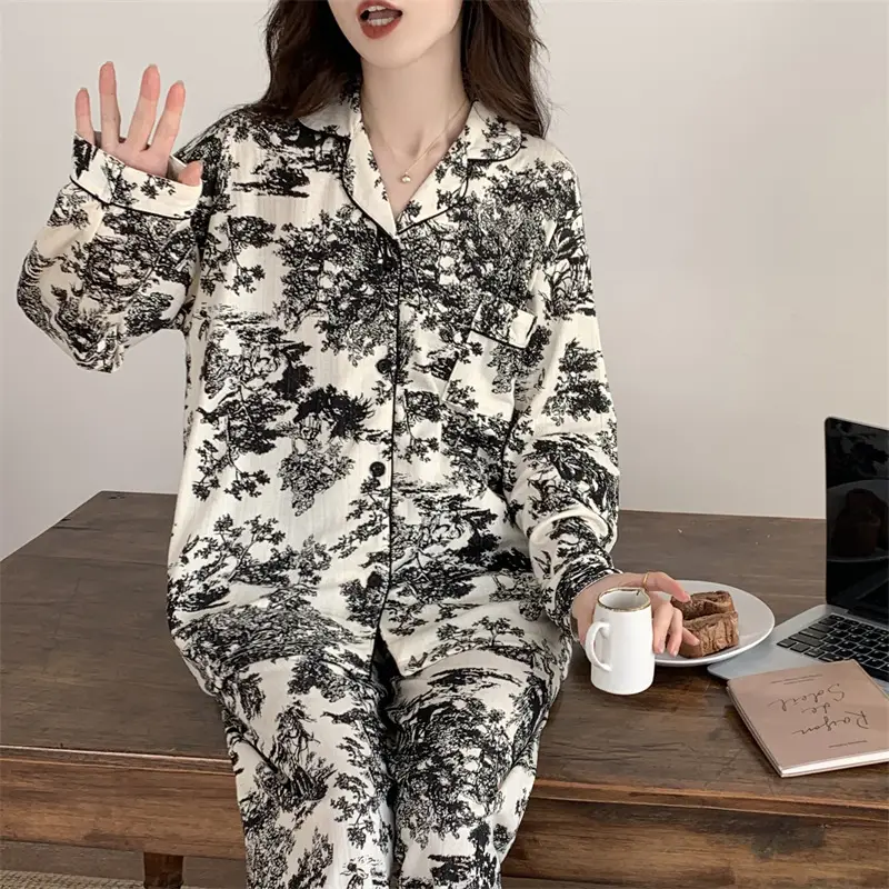 Autumn Winter Jacquard Cotton Pajamas Women Long Sleeve Trousers - Image 8