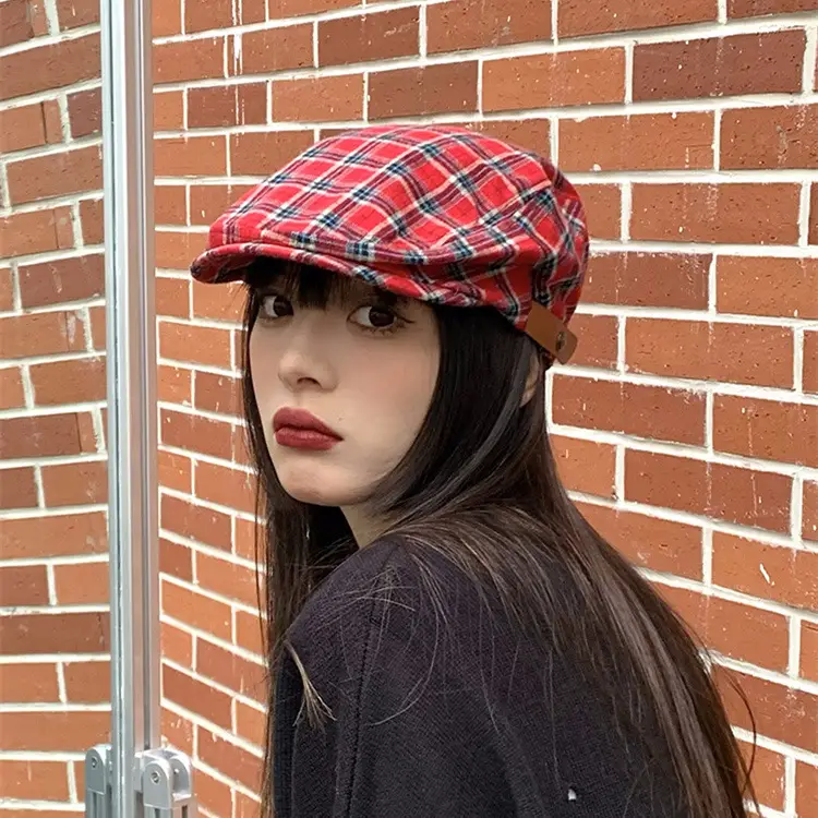 Plaid Retro Beret Face Hat for Women