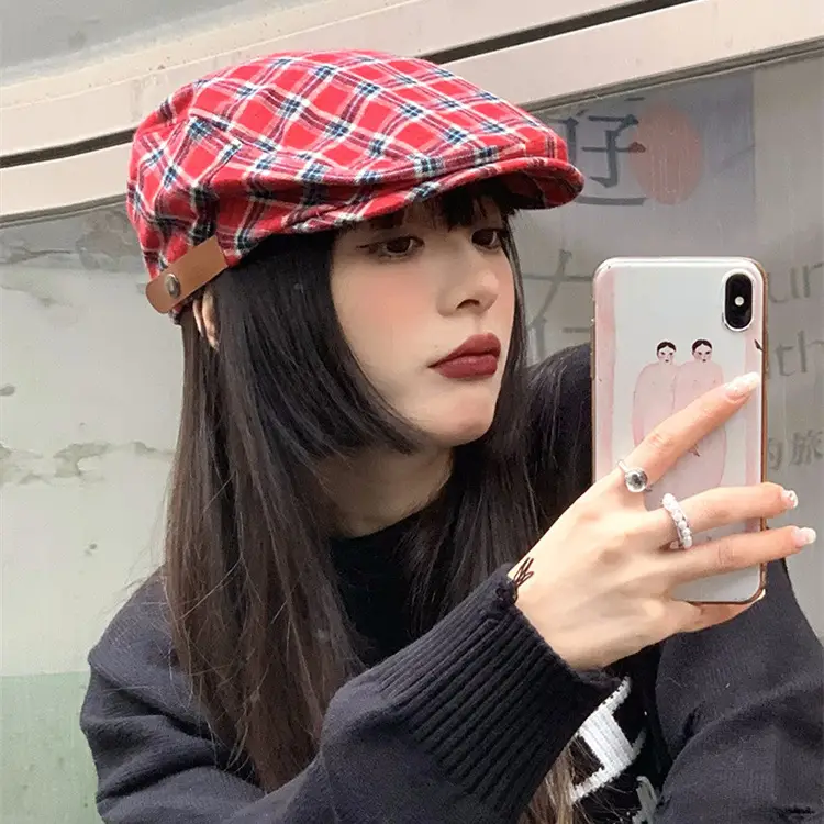 Plaid Retro Beret Face Hat for Women