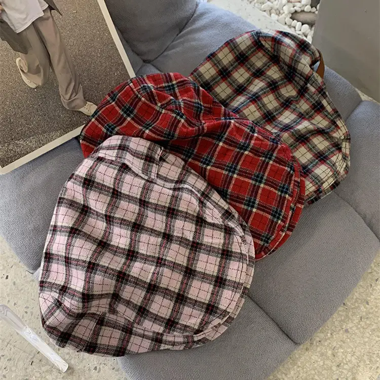 Plaid Retro Beret Face Hat for Women