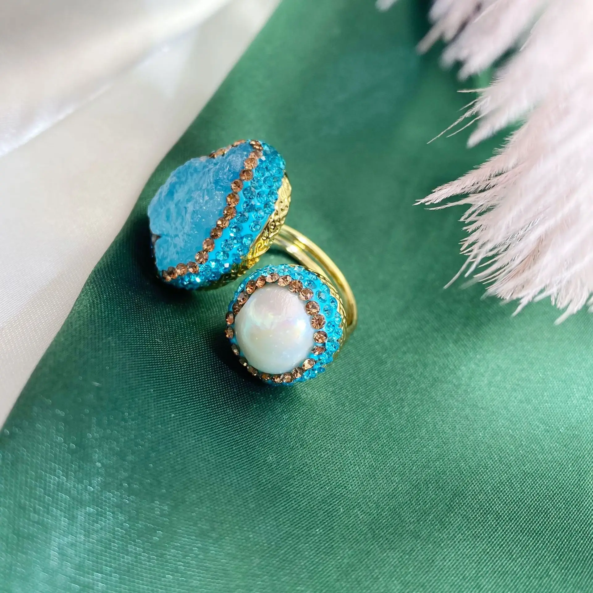 Natural Aquamarine Women's Ring with Pearl & Gold Plated - Image 2