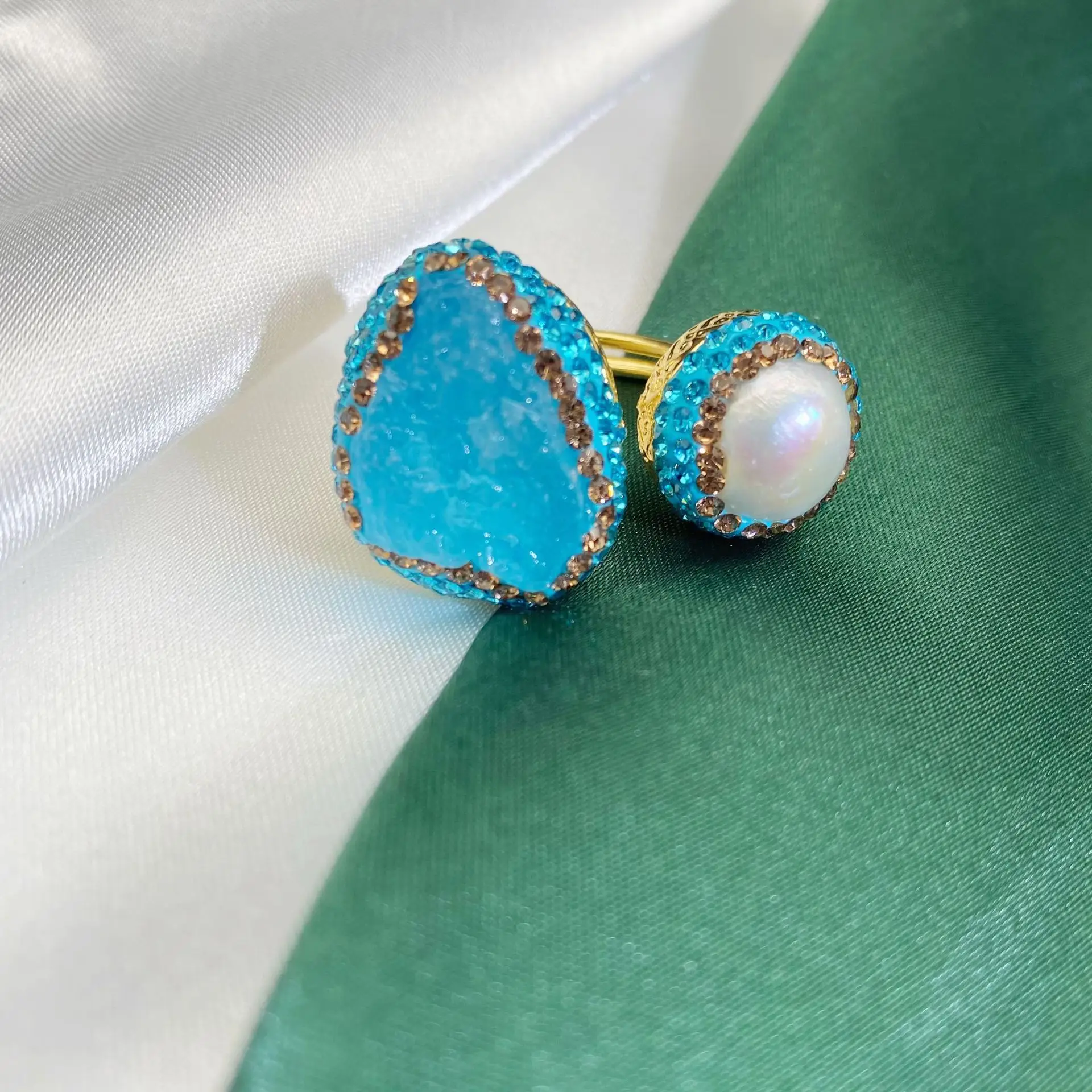Natural Aquamarine Women's Ring with Pearl & Gold Plated - Image 3