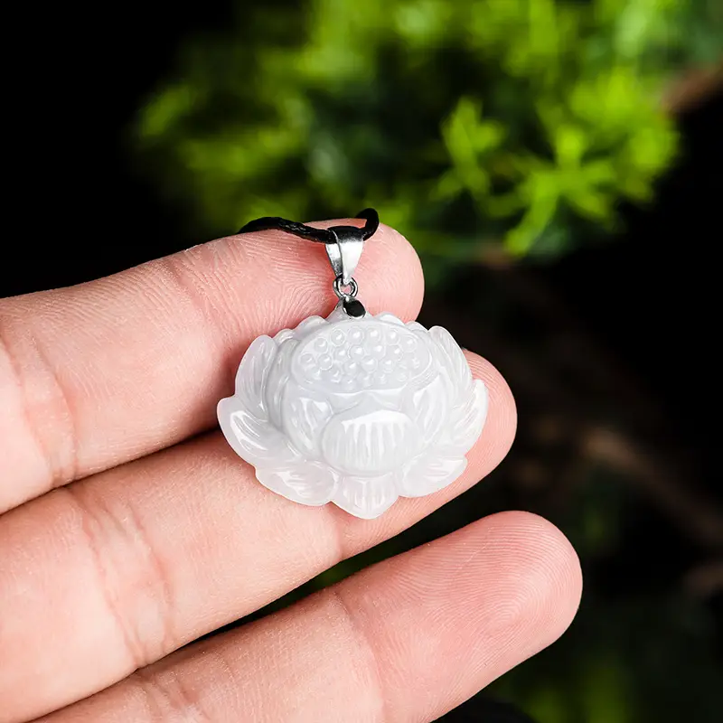 Natural Burma Jade Lotus Pendant S925 Silver Buckle