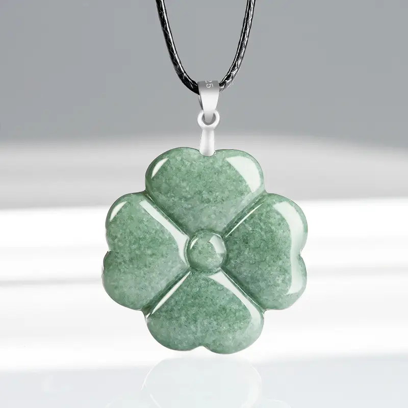 Green Four-Leaf Clover Jade Pendant with Silver Buckle - Image 3