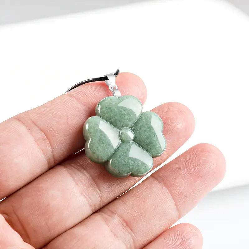Green Four-Leaf Clover Jade Pendant with Silver Buckle - Image 4