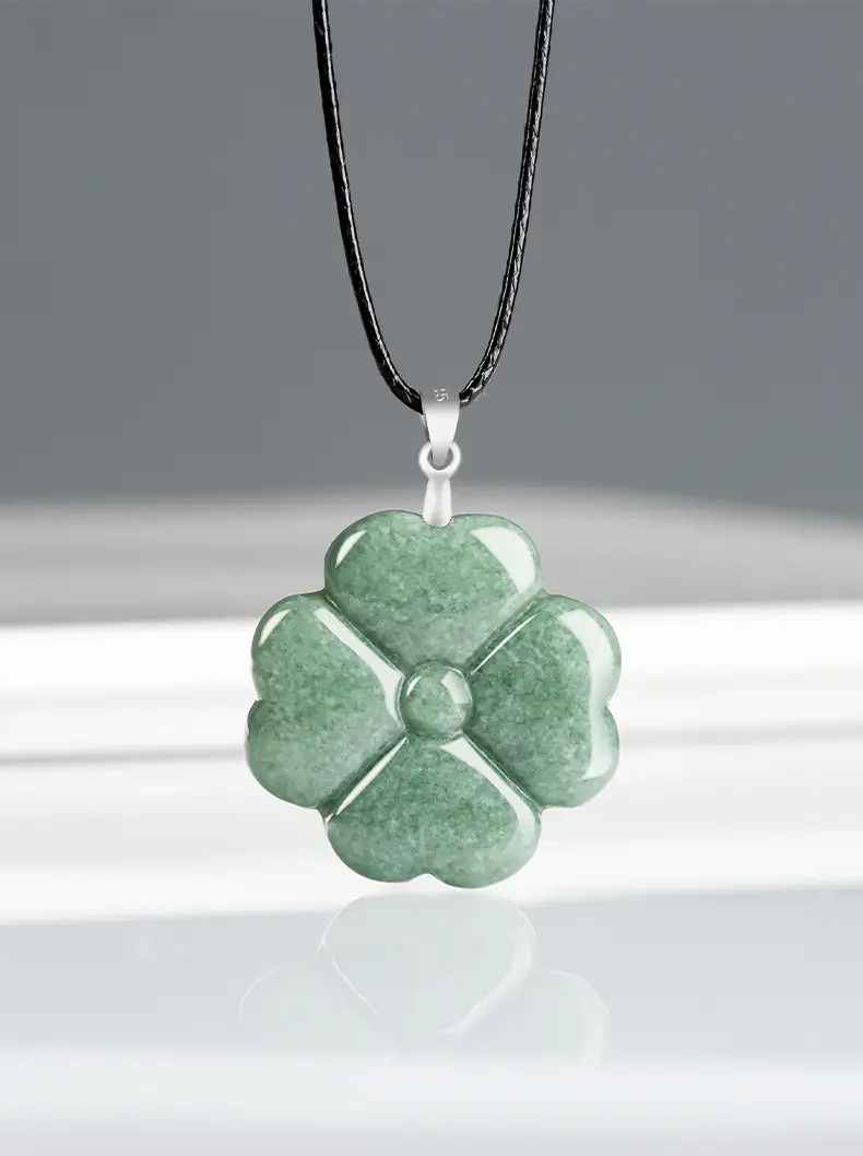 Green Four-Leaf Clover Jade Pendant with Silver Buckle — feature 1