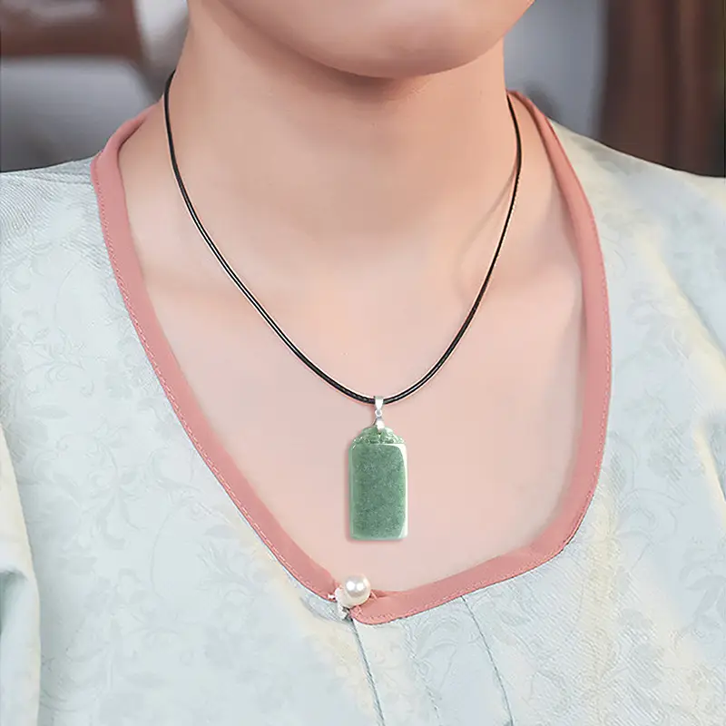 Natural Green Jade Bean Pendant with Silver Buckle - Image 5