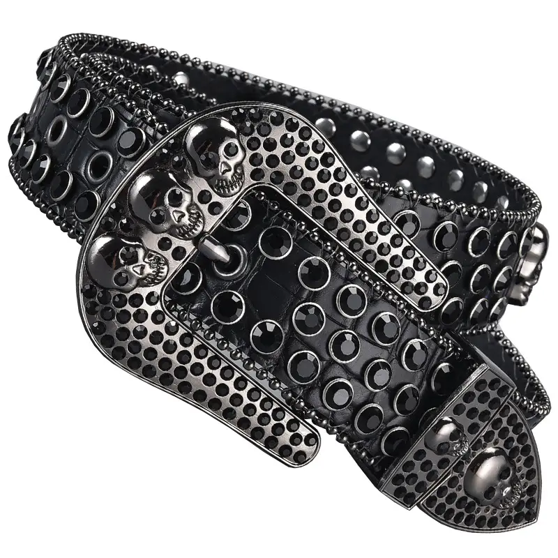 Dark Skull Rhinestone Belt for Women with Diamond Buckle - Image 36