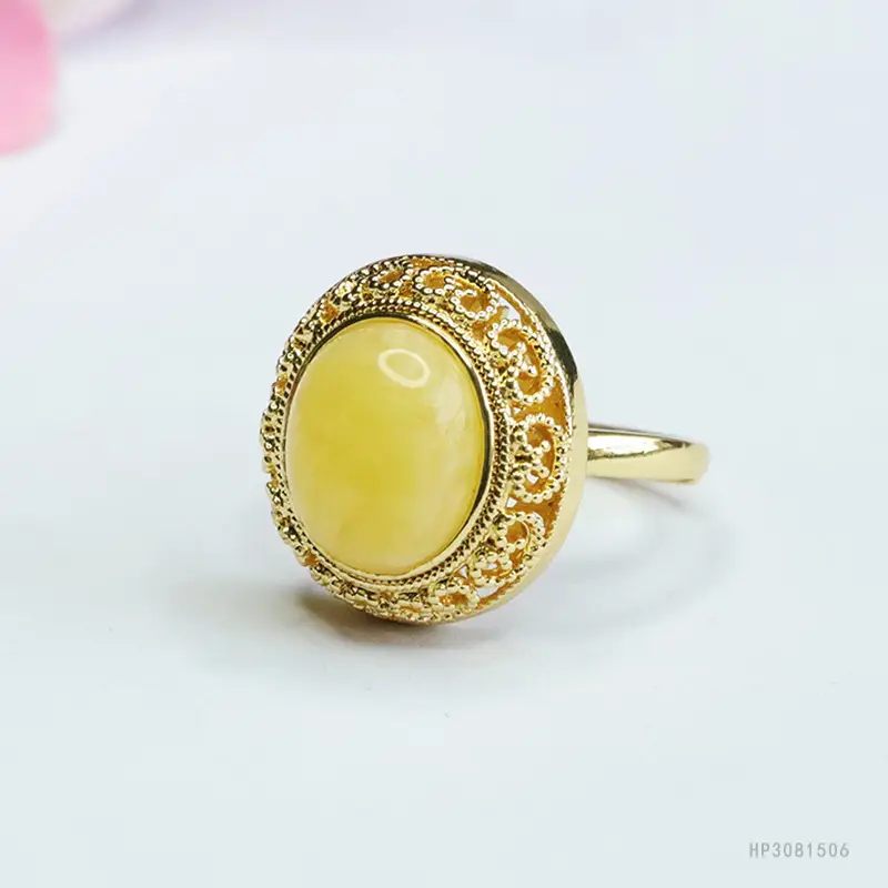 Yellow Honey Amber Ring for Women Vintage Gold Plated