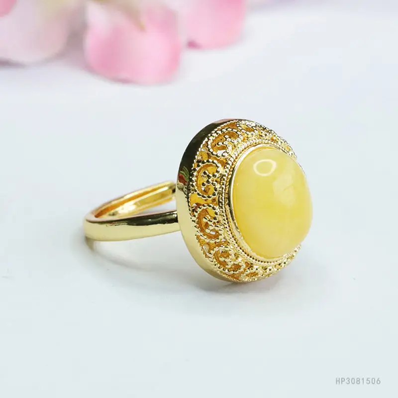 Yellow Honey Amber Ring for Women Vintage Gold Plated