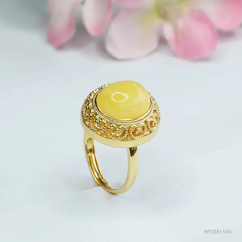 Yellow Honey Amber Ring for Women Vintage Gold Plated