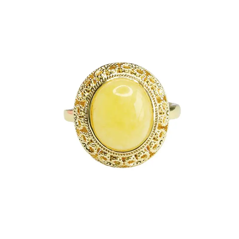 Yellow Honey Amber Ring for Women Vintage Gold Plated