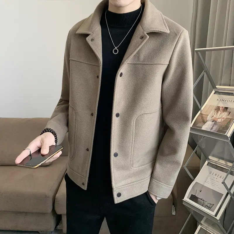 Men's Woolen Slim Fit Jacket Winter Coat Beige