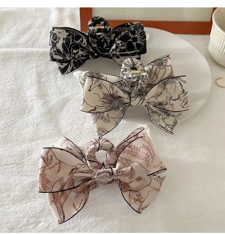2023 New Ink Painting Fabric Clip Bow High-Grade Retro Back Head Clip Updo Shark Clip Hair Accessories — feature 1