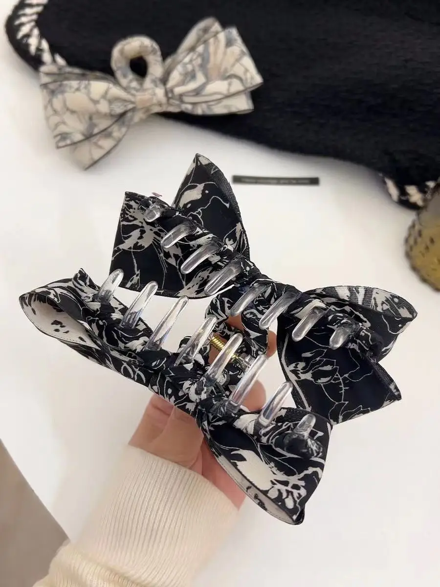 2023 New Ink Painting Fabric Clip Bow High-Grade Retro Back Head Clip Updo Shark Clip Hair Accessories — feature 6