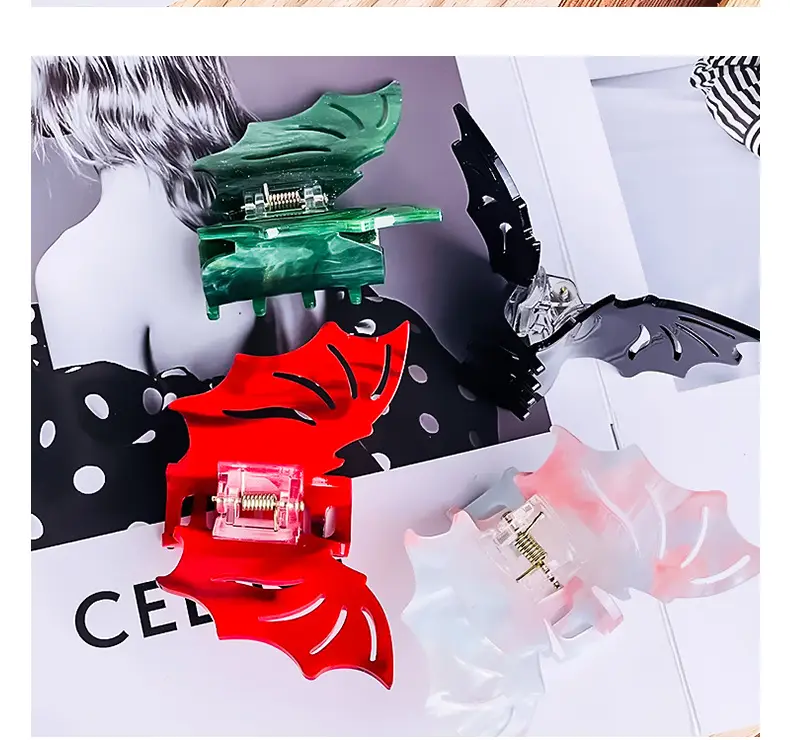 Halloween Bat Hair Clips Red Green Green Acetate — feature 6