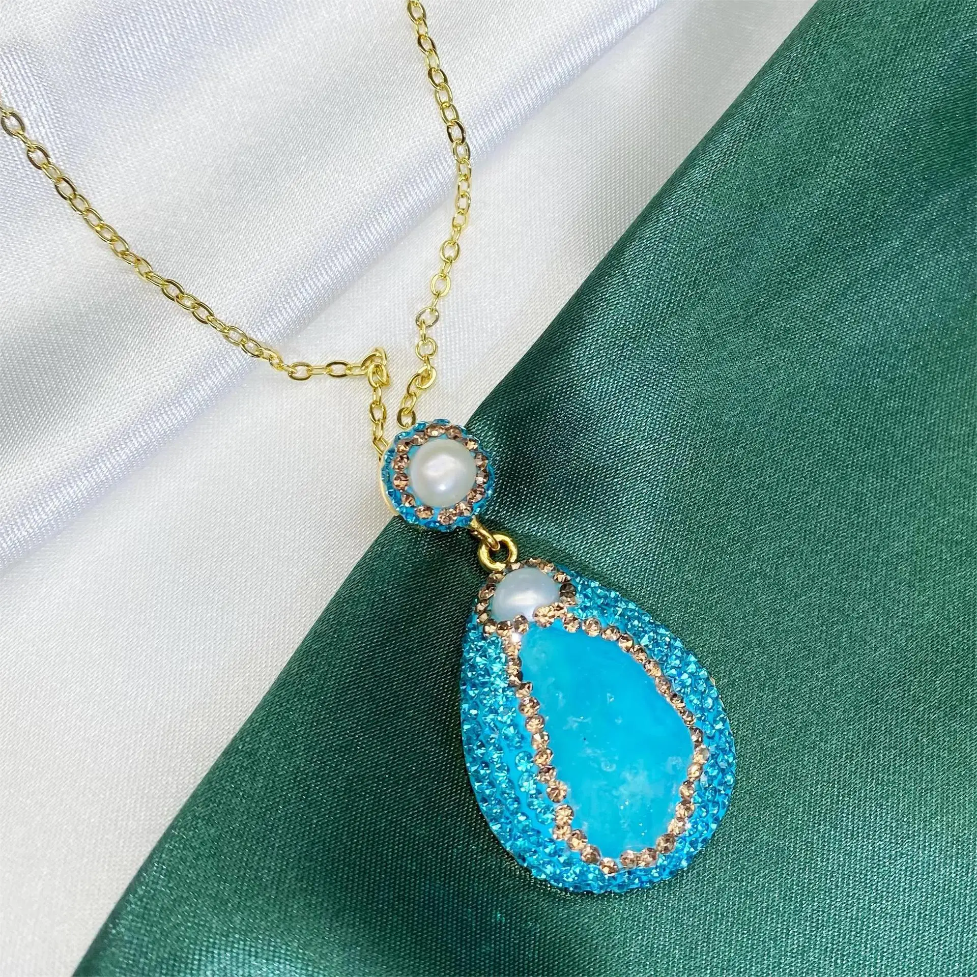 Aquamarine Teardrop Necklace with Gold Chain