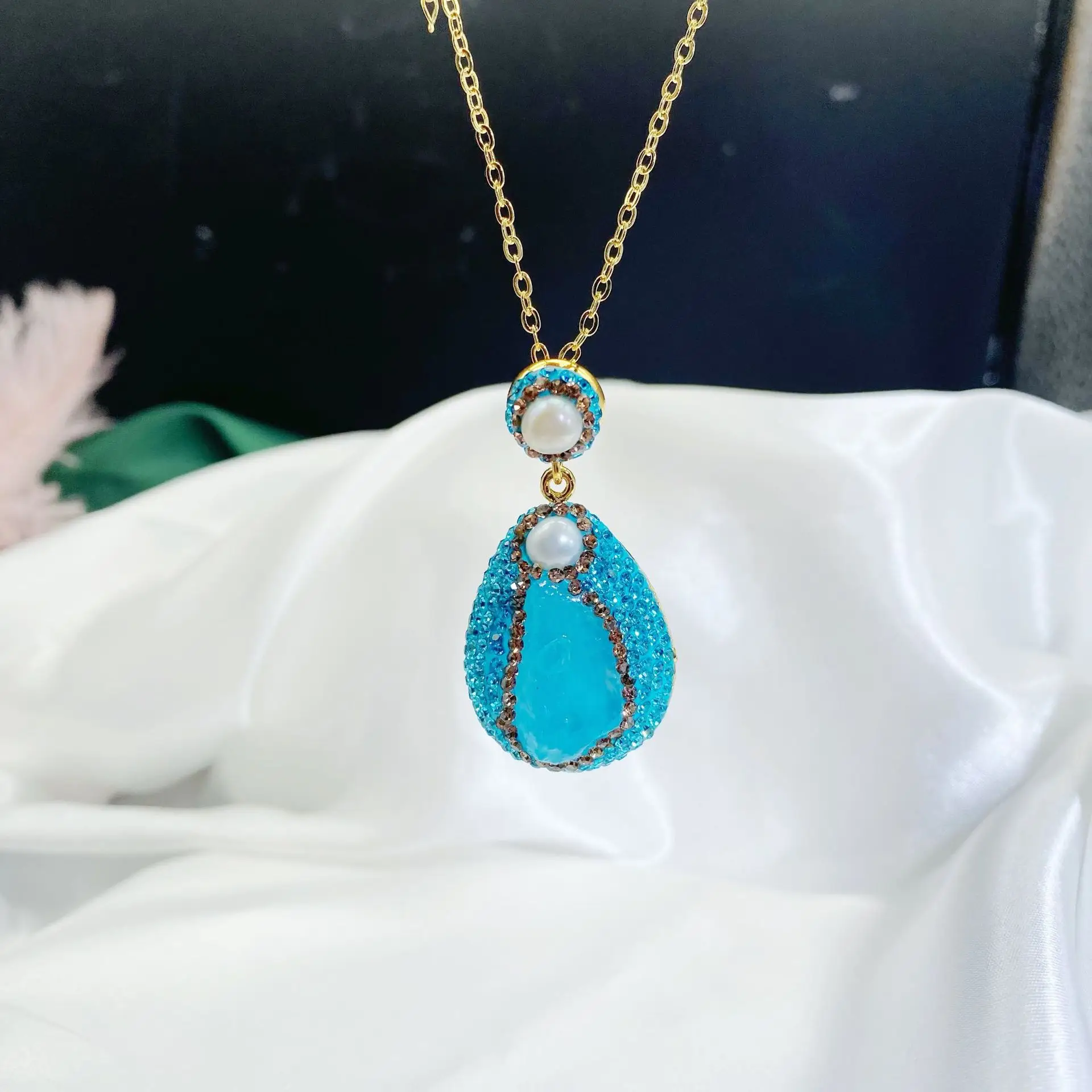 Aquamarine Teardrop Necklace with Gold Chain