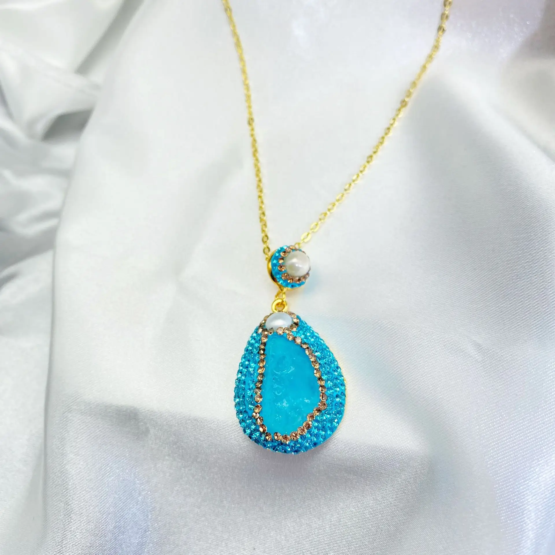 Aquamarine Teardrop Necklace with Gold Chain