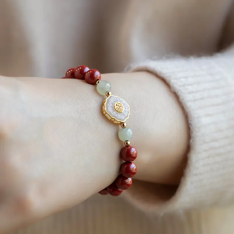 Cinnabar Bracelet Female Hetian Jade Gold Inlaid - Image 6
