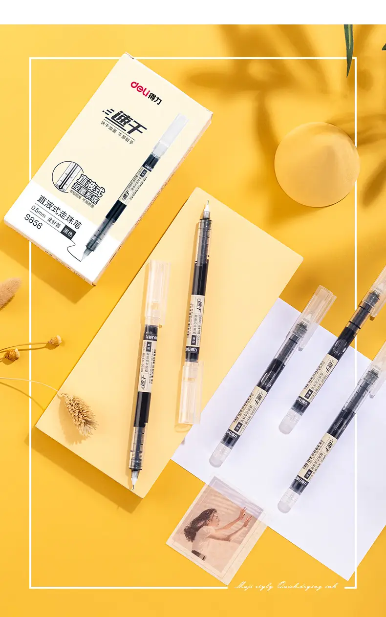 Deli S856 straight liquid ballpoint pen gel pen quick-drying pen water-based Pen straight liquid pen signature pen red blue black pen — feature 12