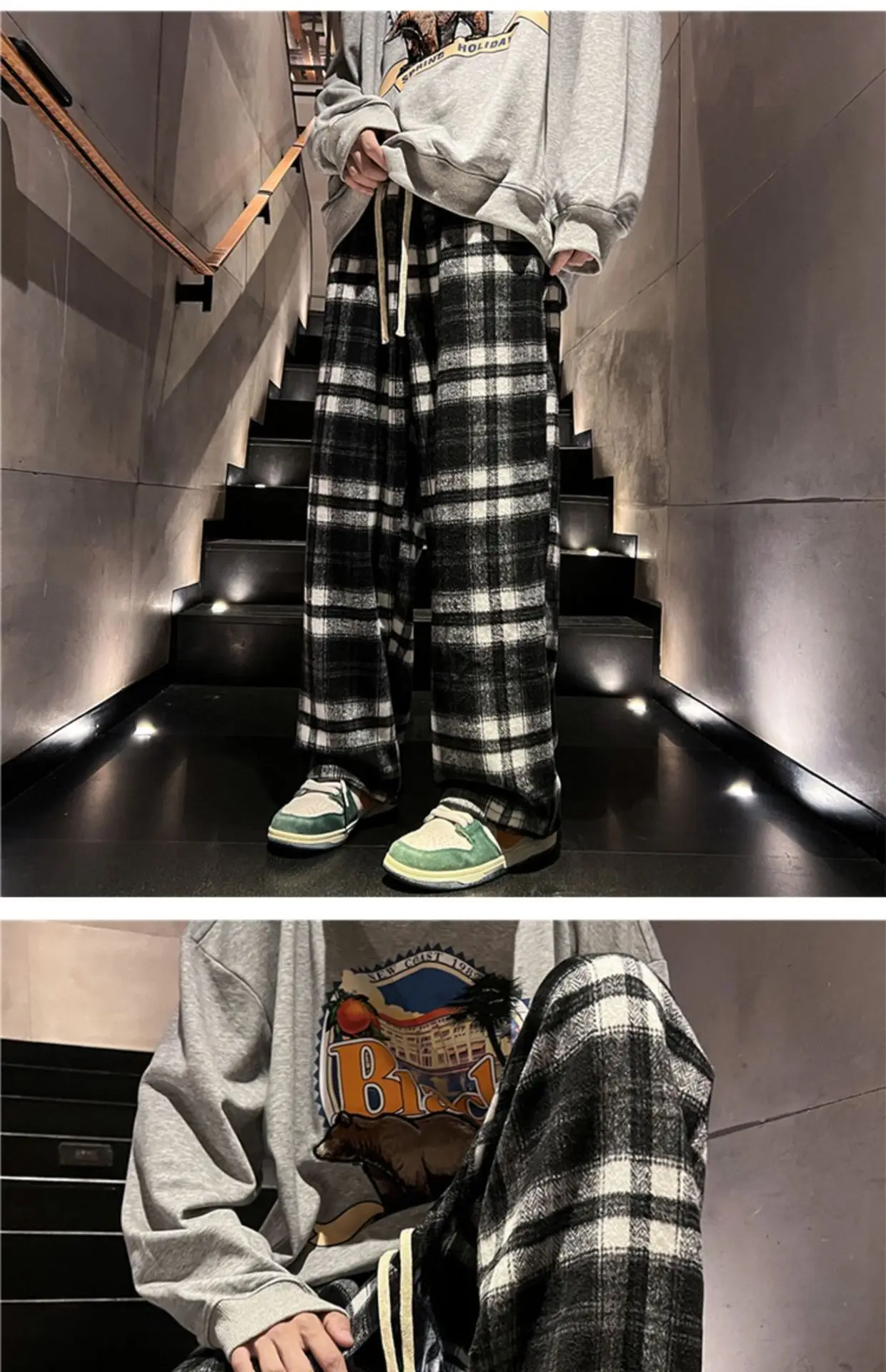 Men's Plaid Pants Black White Spring Autumn Lazy Drop — feature 14