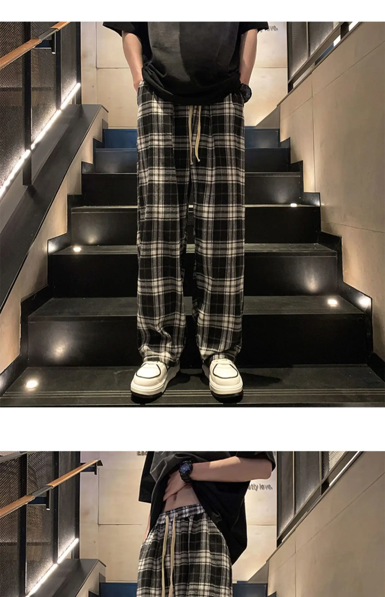 Men's Plaid Pants Black White Spring Autumn Lazy Drop — feature 18
