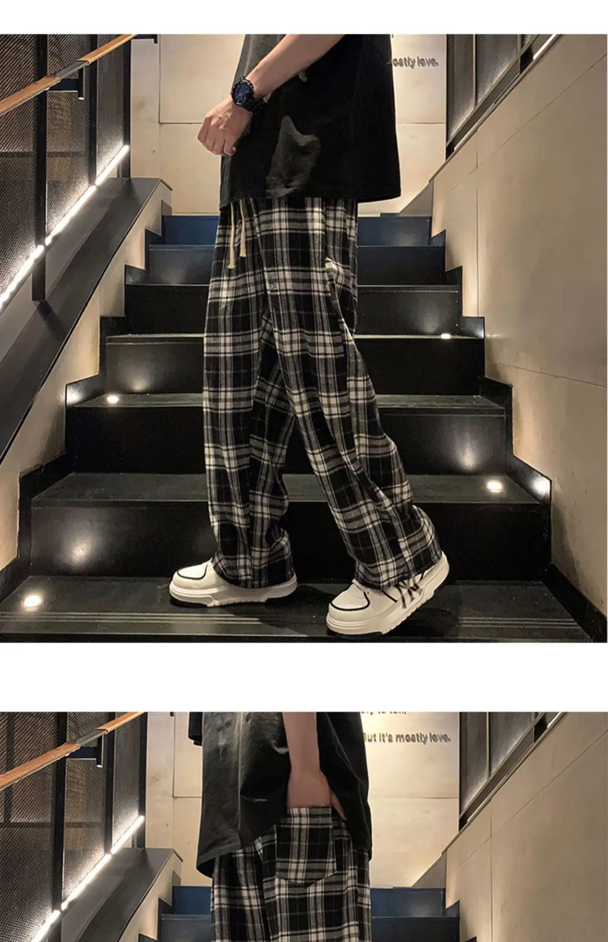 Men's Plaid Pants Black White Spring Autumn Lazy Drop — feature 20