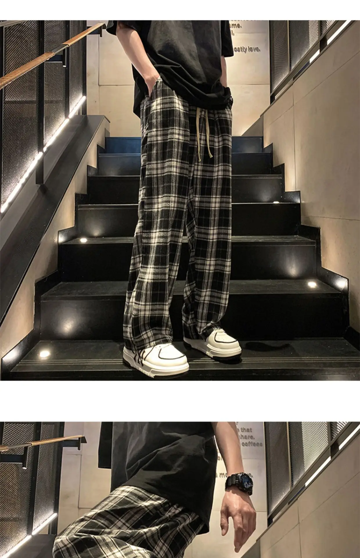 Men's Plaid Pants Black White Spring Autumn Lazy Drop — feature 22