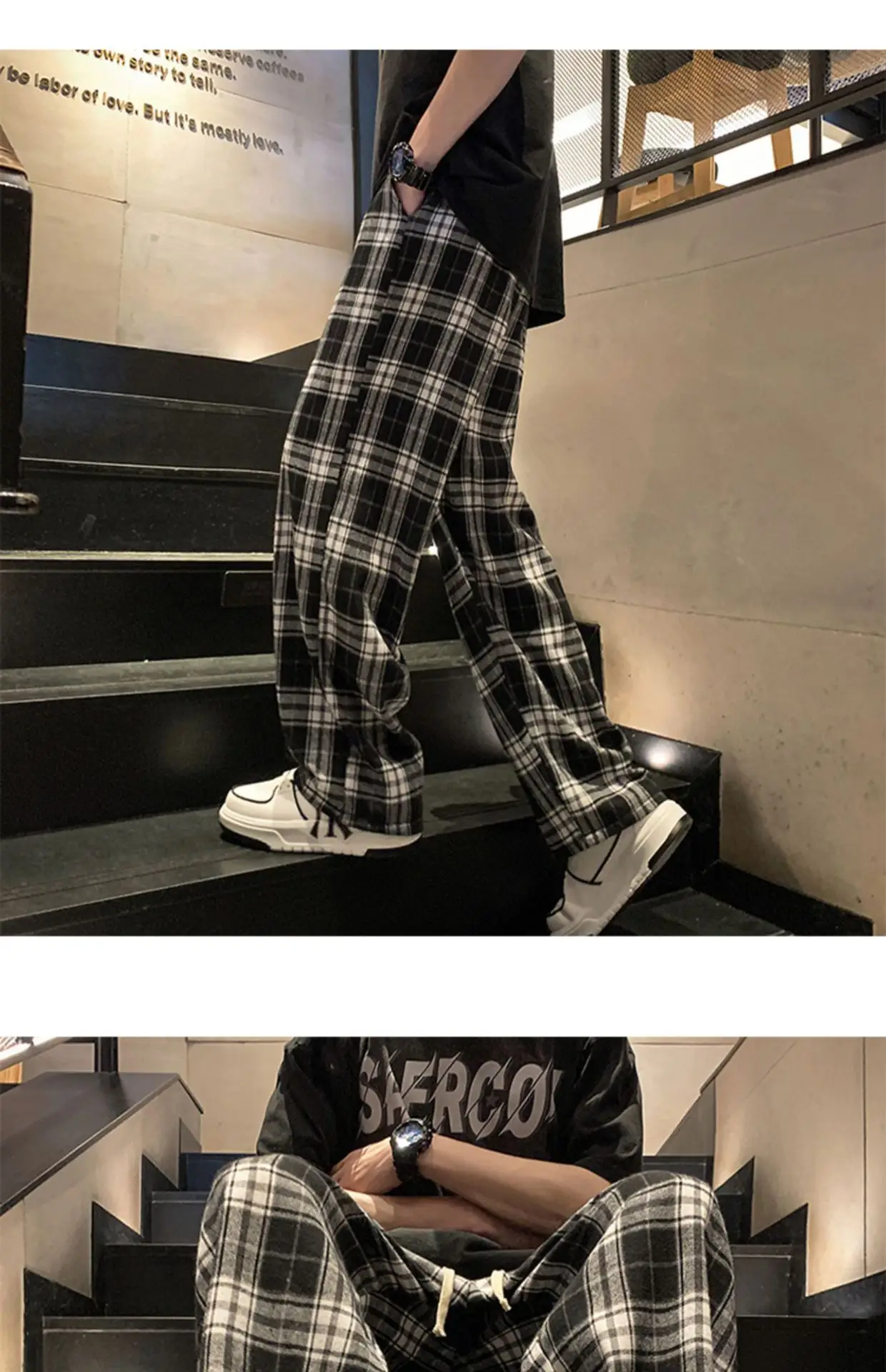 Men's Plaid Pants Black White Spring Autumn Lazy Drop — feature 24